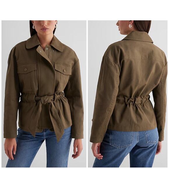 Express Utility Jacket Belt Pockets Oversized Cotton Twill Stretch Size XS Olive - Picture 2 of 16